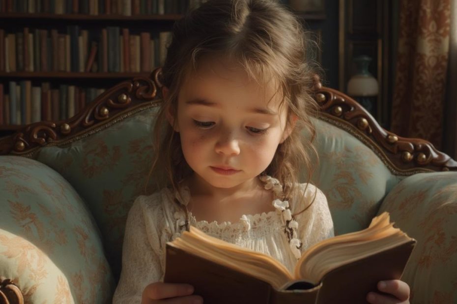 Jeune fille concentrée sur sa lecture dans un fauteuil ancien.